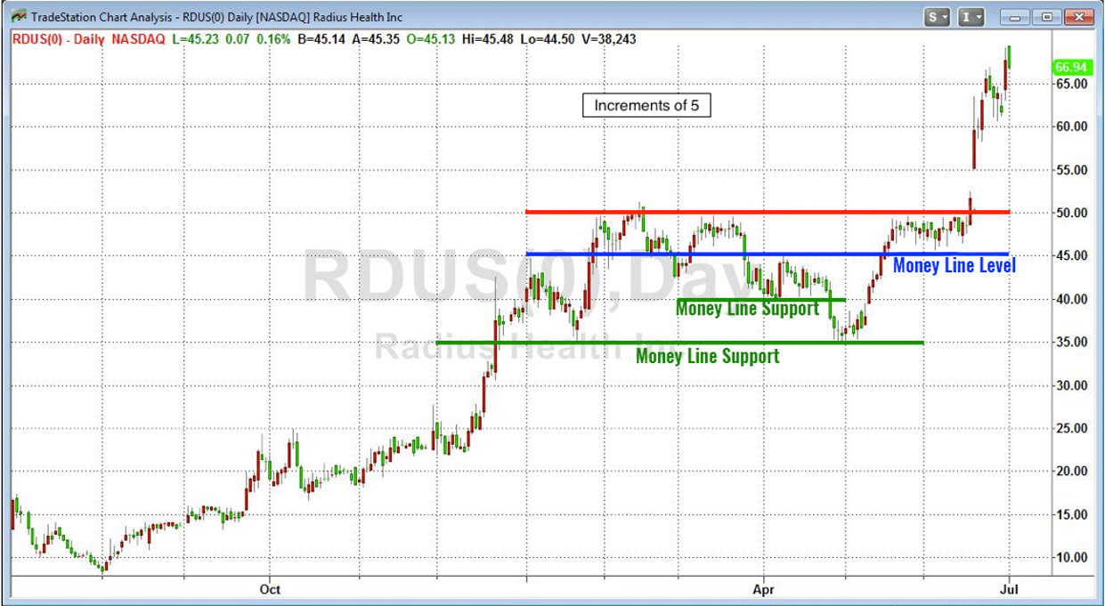 Chart of RDUS Stock Price with green lines labelled Money Line Support at $35 and $40